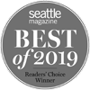 A gray circular badge with "Seattle Magazine Best of 2019 Readers' Choice Winner" written on it.